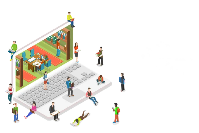 Isometric Flat Vector Concept Of Online Library Education Reading Learning Online Illustration