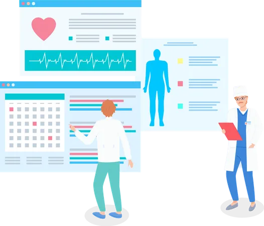 Doctor Looking At Clipboard In Hand Therapist Looking At Medical Website With Calendar Planning Date Of Visiting Patients Electrocardiogram Results Of Scanning Body Medical Test Text Information Illustration