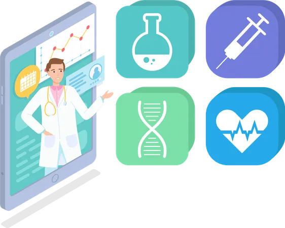 Online Medical Consultation With Doctor Concept Vector Illustration Medical Application On The Phone And Medical Symbols Flat Style Mobile Phone Screen With A Doctor Man Talking To Patient On App Illustration