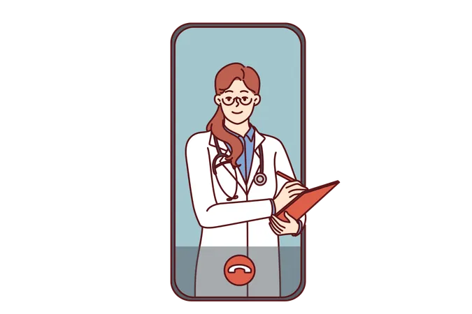 Video Call To Doctor Through Telemedicine Application On Phone For Online Examination And Consultation Of Patient Via Internet Woman Doctor In Screen Of Smartphone Listens To Symptoms Of Patient Illustration