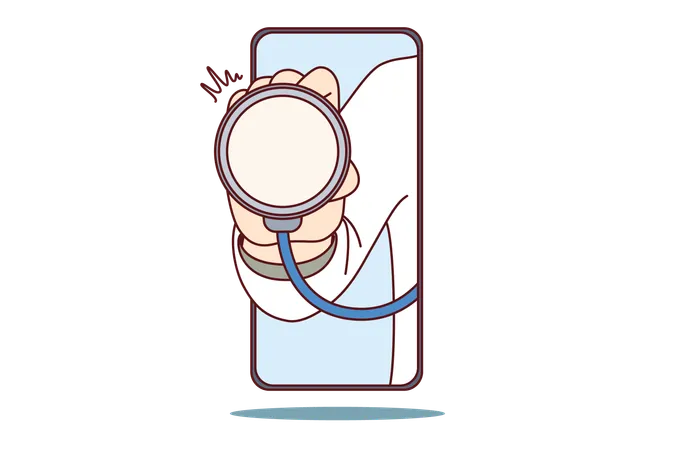 Doctor With Stethoscope In Mobile Phone Symbolizes Telemedicine Or Hospital Apps Therapist Diagnoses Patient Via Smartphone Using Telemedicine Technologies To Search For Symptom Of Disease Illustration