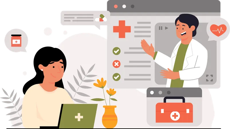This Illustration Depicts A Woman Having An Online Consultation With A Healthcare Provider Via An App Which Is Essential Of Healthy Life Consultation Medical Services Apps Such As Online Consultations And Remote Monitoring Can Help Individuals Access Healthcare Services Conveniently Save Time And Costs Perfect For Web Design Posters And Campaigns Promoting Healthy Living This User Friendly And Fully Editable Illustration Serves As A Valuable Resource For Promoting Consultation Medical Apps And Advocating For A Better Quality Of Life Illustration