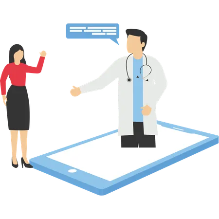 Online Medical Consultation And Support Healthcare Services Ask A Doctor Therapist In Uniform With Stethoscope Chatting With Male Patient Via App Messenger On Mobilephone Screen Illustration