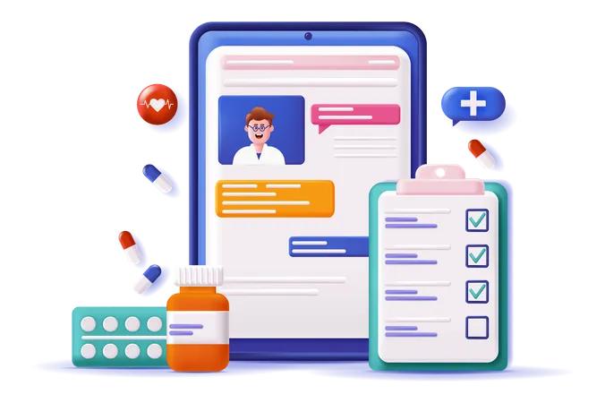 Medical And Pharmacy Concept 3 D Illustration Icon Composition With Online Chat Of Consulting Doctor Questionnaire And Medications Medicine And Healthcare Vector Illustration For Modern Web Design イラスト