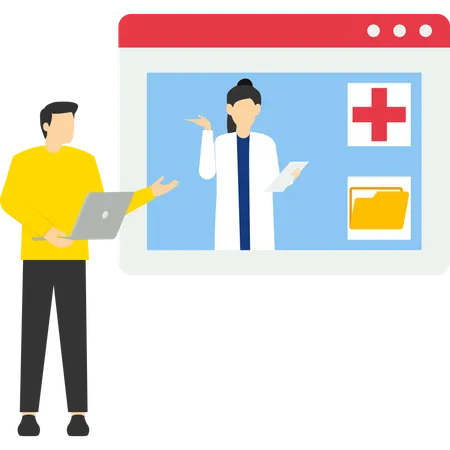 Concept Of Electronic Health Records And Online Medical Services The Doctor In The Hospital Reads The EMR Of The Patient Patients Carry Out Online Consultations With Specialist Doctors Vector Illustration Illustration