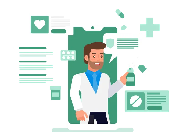 Online Medical Support Diagnosis And Treatment Online Doctor Consultation On Screen Healthcare Mobile Service Concept Vector Illustration In Flat Style Illustration