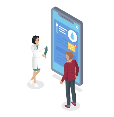 Isometric Illustration Of Patient Consultation With A Doctor Via The Internet Online Medical Support Internet Therapist Doctor Woman Advises Patient Man About Medicines Medical Tubes And Tests Illustration