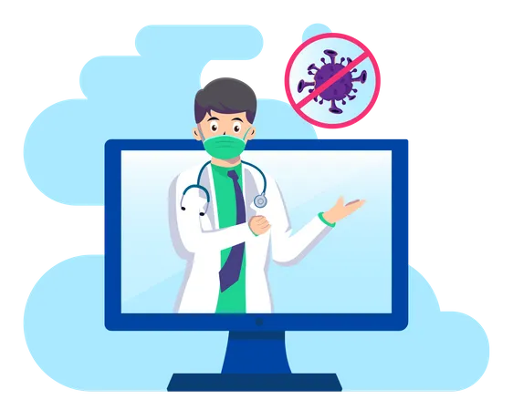 Medico On Line Educa Um Aviso De Virus Corona Pandemico Com Mascara Medica Para Proteger Vetor Plano De Ilustracao Do Site Da Pagina De Destino Ilustração