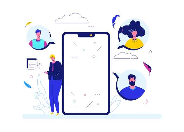 Online Meeting Flat Design Style Colorful Illustration On White Background A Man Chatting With His Colleagues Partners Or Friends A Smartphone With Place For Your Image On The Screen Illustration
