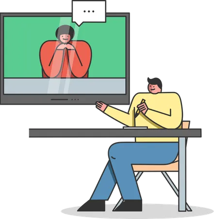 Concept Of Video Conference Or Webinar Male Character Takes An Online Course Or Video Business Conference With Instructor For Online Education Cartoon Linear Outline Flat Style Vector Illustration Illustration