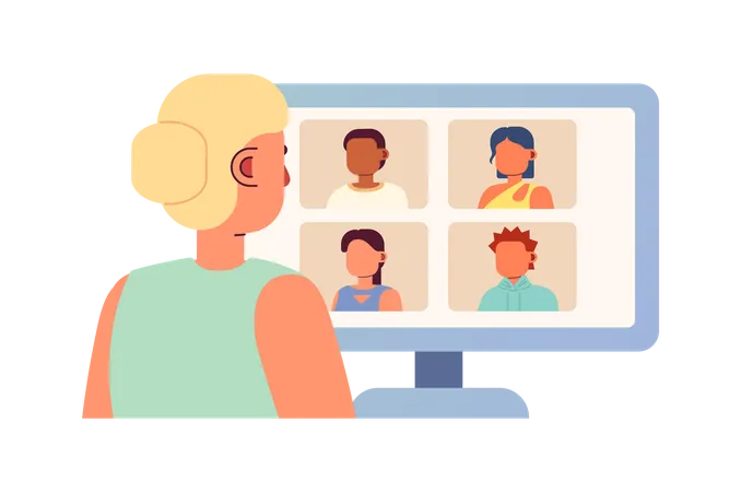 Online Meeting For Remote Workers 2 D Vector Isolated Spot Illustration Freelancer With Colleagues Virtually Flat Character On Cartoon Background Colorful Editable Scene For Mobile Website Magazine Illustration