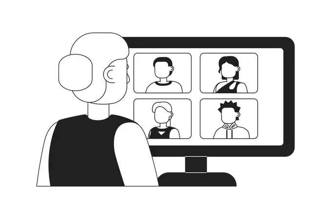 Online Meeting For Remote Workers 2 D Vector Monochrome Isolated Spot Illustration Flat Black And White Character On Cartoon Background Thin Line Editable Scene For Mobile Website Magazine Illustration