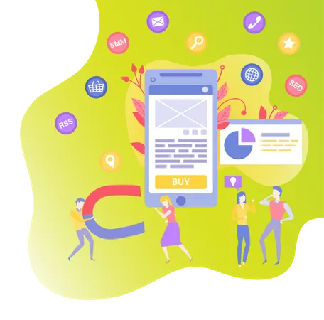 Team Of Marketers Exploring Customer Base In Mobile App Attracting Customers Proper Digital Marketing Concept Tool For Successful Business Development People Work With Online Advertising Illustration