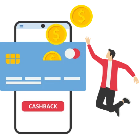 Online Money Back Concept Or Money Back Concept Happy People Receive Cashback For Shopping Big Phone With Cashback Start Button Save Money Get Vouchers And Discounts Rewards Program 일러스트레이션