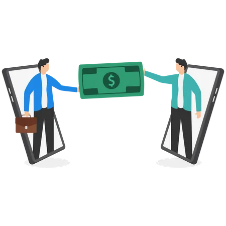 Online Money Transfer Concept Two Men Holding Money Paper For Transaction By Using Internet Service Illustration
