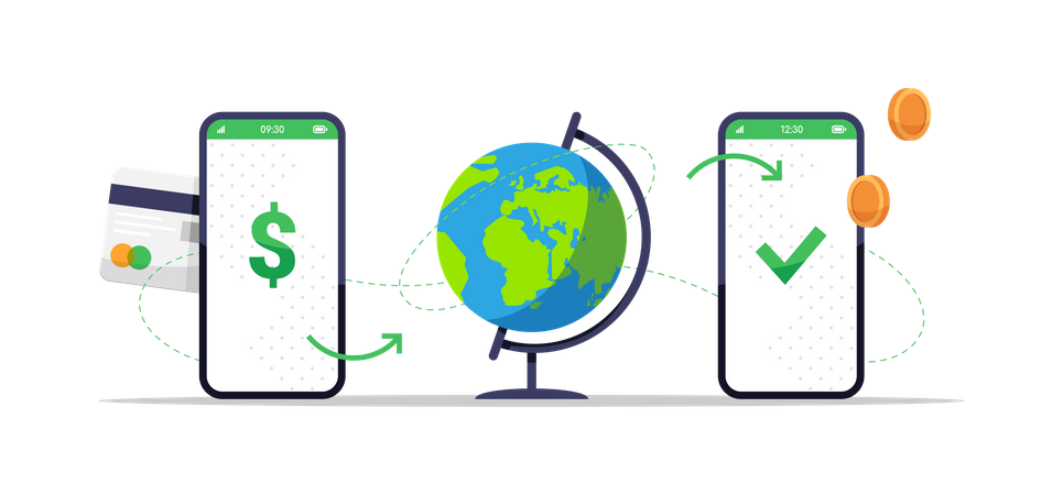 Online money transfer over the globe  Illustration