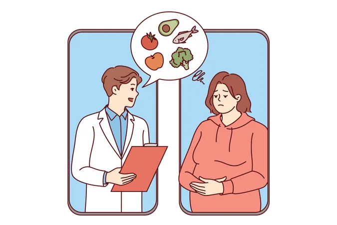 Man Nutritionist Provides Online Consultation Services For Woman With Excess Weight Problems Through Mobile Phone Application Online Nutritionist Recommends Diet Of Vegetables And Fish To Patient Illustration
