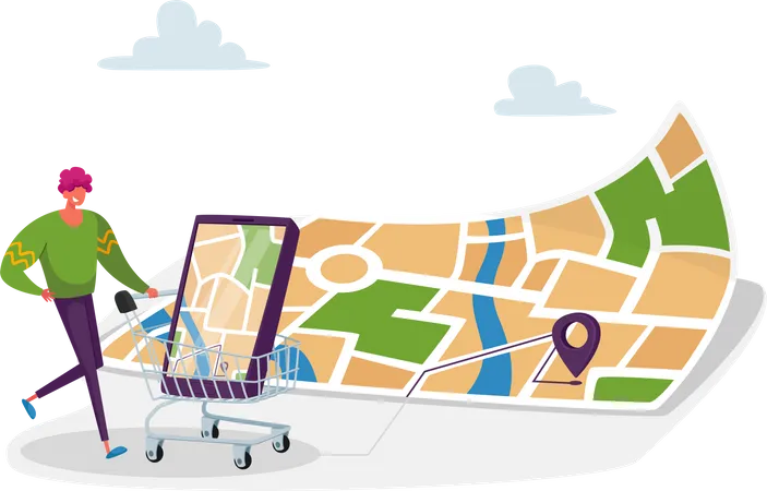 Geolocation Positioning In Retail Store Concept Tiny Man With Trolley Purchasing Goods From List In Smartphone At Huge Map With Gps Pin Male Character Shopping Cartoon People Vector Illustration Illustration