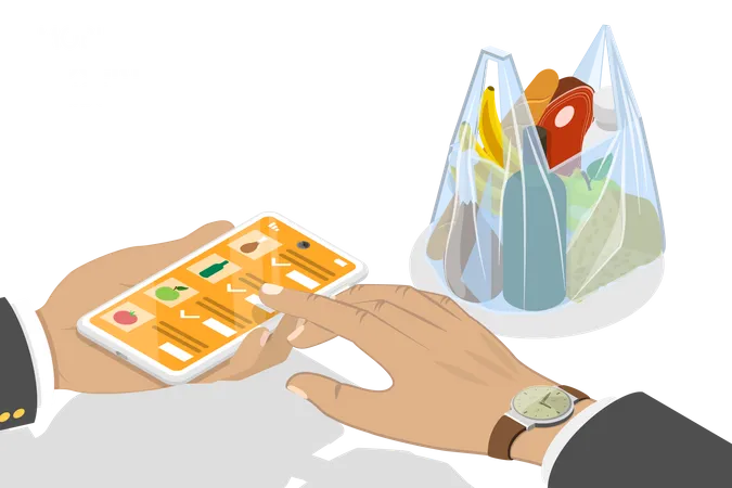 3 D Isometric Flat Vector Conceptual Illustration Of Mobile Grocery List Buying Food Online Illustration