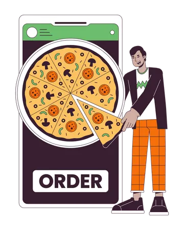 Online Ordering Food Flat Line Concept Vector Spot Illustration Man Buying Pizza By Smartphone 2 D Cartoon Outline Character On White For Web UI Design Editable Isolated Color Hero Image Illustration