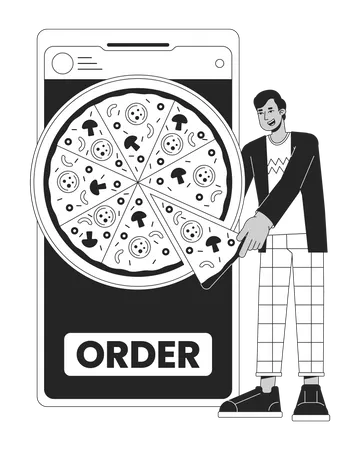 Online Ordering Food Bw Concept Vector Spot Illustration Man Buying Pizza By Smartphone 2 D Cartoon Flat Line Monochromatic Character For Web UI Design Editable Isolated Outline Hero Image Illustration