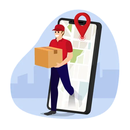 Courier Delivery Man Holding Parcel Box With Mobile Phone Fast Online Delivery Service Online Ordering Internet E Commerce Ideas For Websites Or Banners 3 D Perspective Vector Illustration Illustration