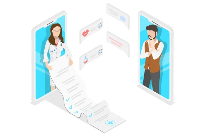 Isometric Flat Vector Concept Of Online Diagnosis Remote Patient Consultation Online Medical Support And Healthcare Services Illustration