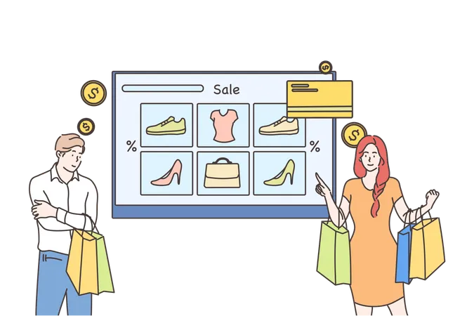Technology Shopping Sale Concept Young Man And Woman Customers Cartoon Characters Buyers Hold Bags With Clothes Making Payment Online Web Catalogue And Confirmation Purchase Remotely Illustration Illustration