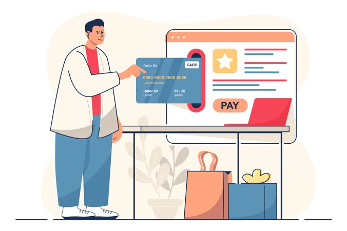 Online Payment Concept For Web Banner Man Pays Purchases With Credit Card In Online Banking Using Website Form Modern Person Scene Vector Illustration In Flat Cartoon Design With People Characters Illustration