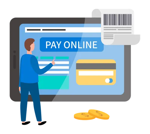 Man Is Using Program For Online Remote Payment Of Purchases On Tablet Via The Internet Businessman Presses Button Pay Online On The Screen Online Platform Landing Page Template Vector Illustration Illustration