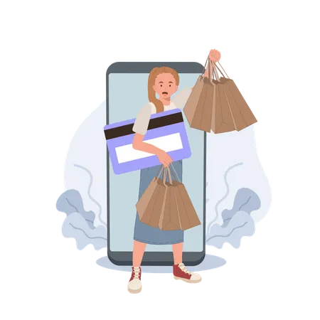 Online Payment Concept Woman With Credit Card Enjoy Shopping Shopping Girl With Full Of Shopping Bags Both Hands Vector Illustrations Illustration