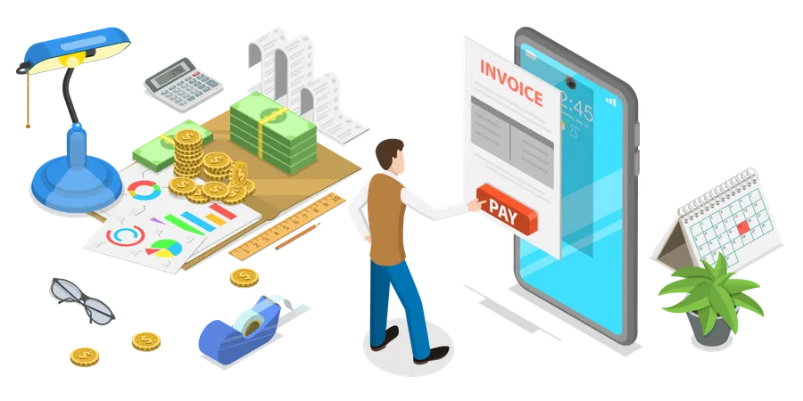 3 D Isometric Flat Vector Concept Of Mobile Invoice Online Payment Remote Banking And Accounting Illustration