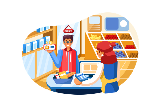Online payment received at groceries store  Illustration