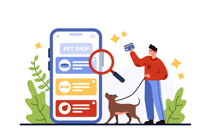Online Pet Shop Mobile App Tiny Man Holding Dog On Leash And Credit Card To Buy Pet Supplies Search With Magnifying Glass For Puppy Food And Treat Category On Screen Cartoon Vector Illustration Illustration