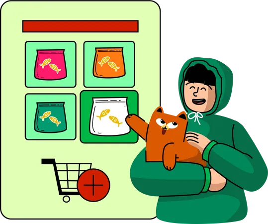 A Happy Customer Shops Online For Pet Supplies Selecting Fish Food While Holding A Cat Illustration