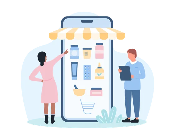Online Pharmacy Mobile App Vector Illustration Cartoon Tiny People Order Delivery Of Pharmaceutical Products Choose Category Of Pills Or Vitamins On Phone Screen In Virtual Store With Canopy Illustration