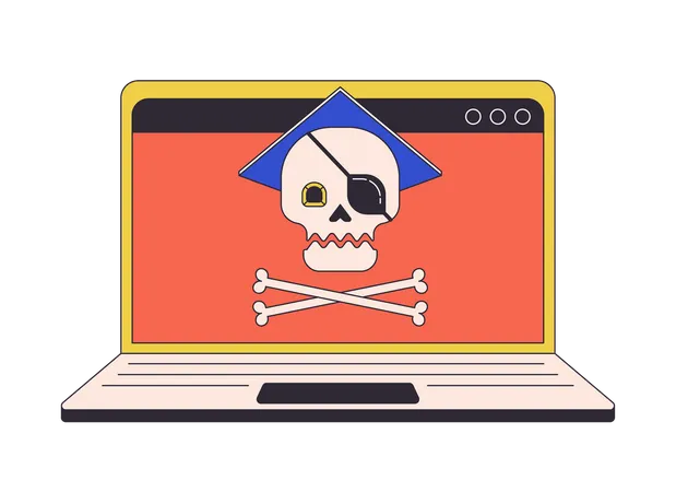 Online Piracy On Laptop Flat Line Concept Vector Spot Illustration Downloading Copyrighted Files 2 D Cartoon Outline Character On White For Web UI Design Editable Isolated Color Hero Image Illustration