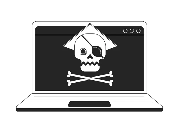Online Piracy On Laptop Bw Concept Vector Spot Illustration Downloading Copyrighted Files 2 D Cartoon Flat Line Monochromatic Character For Web UI Design Editable Isolated Outline Hero Image Illustration