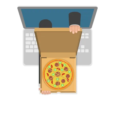 Online Pizza Order Vector Illustration Hands Of Delivery Man With Pizza In Open Box Appeared From Laptop Illustration