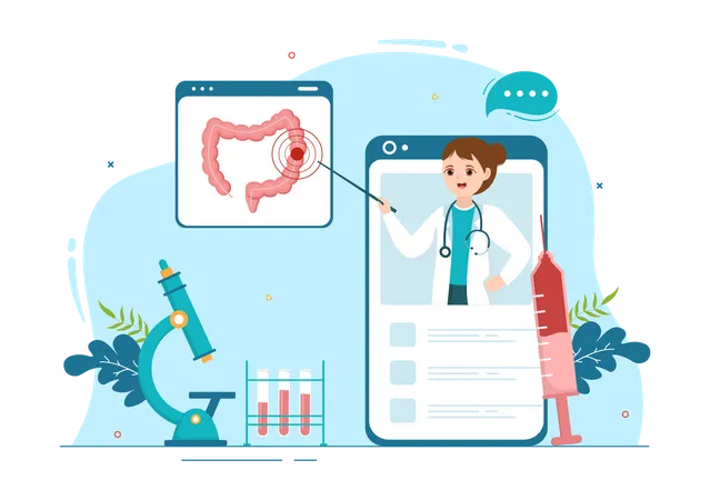 Proctologist Or Colonoscopy Illustration With A Doctor Examines Of The Colon And Harmful Bacteria In Cartoon Hand Drawn For Landing Page Templates Illustration