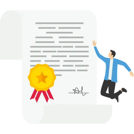 Happy Man And Document With Wafer Seal And Ribbon Online Professional Certificate Program Concept Postgraduate Diploma Website Certification Concept Trusted Source For Education Flat Vector Illustration