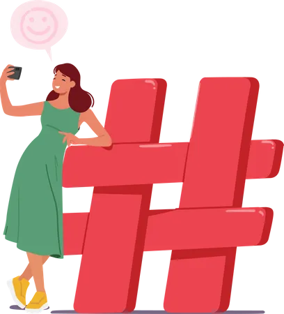 Tiny Woman Character With Smartphone Captures A Selfie Near Huge Red Hashtag Sign Symbolizing The Modern Age Of Social Media And Self Expression Share Photo Cartoon People Vector Illustration Illustration