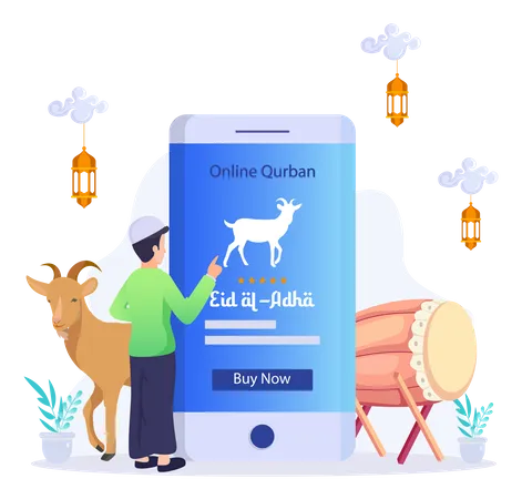 Online Qurban Mobile Application Concept Illustration Of A Smart Phone With Sacrificial Animal For Eid Al Adha Illustration