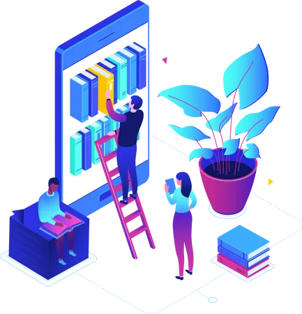 Online Reading Modern Colorful Isometric Vector Illustration On White Background A Composition With Cute Characters People Taking Books From Bookshelf On Smartphone Screen Mobile Library Concept Illustration