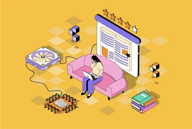 Online Reading Concept In 3 D Isometric Design Woman Read E Book Using Laptop Program Buying Electronic Literature At Online Bookstore Vector Illustration With Isometry People Scene For Web Graphic Illustration