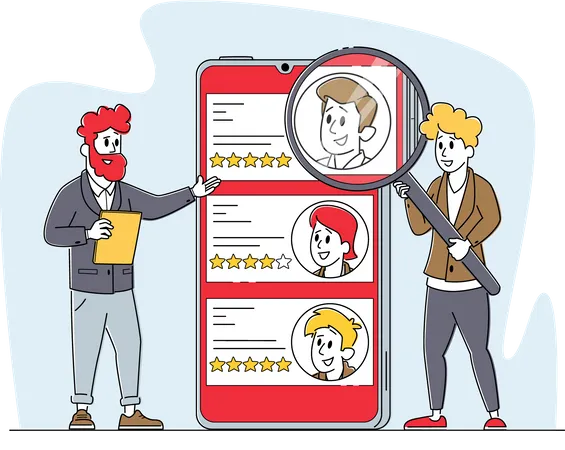 Online Work Hiring Recruitment And Headhunting Concept Tiny Employer Characters Reading Personnel Applicants Resume At Huge Mobile Using Job Internet Resource Linear People Vector Illustration 일러스트레이션