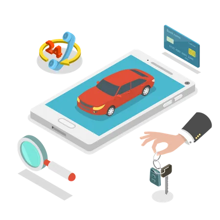 Online Rental Car Service Isometric Flat Vector Concept Red Car On The Mobile Phone Surrounded By Thematic Icons Illustration