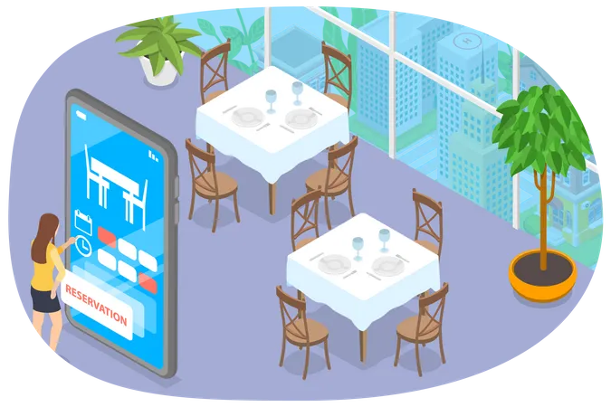 3 D Isometric Flat Vector Conceptual Illustration Of Restaurant Online Reservation Mobile Booking Service Illustration