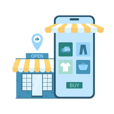 Online Retail Commerce Vector Illustration Cartoon Isolated Mobile Shop App On Phone Screen And Mini Store Building With Location Pin Virtual Shelves With Fashion Shoes And Clothes For Customers Illustration