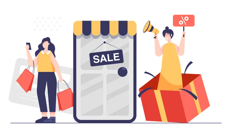 Businesswoman With Megaphone Advertising Online Sale And Making Discount Announcement Young Woman Holding Shopping Bag Concept Of Online Purchase With Marketing Campaign Vector Illustration Illustration